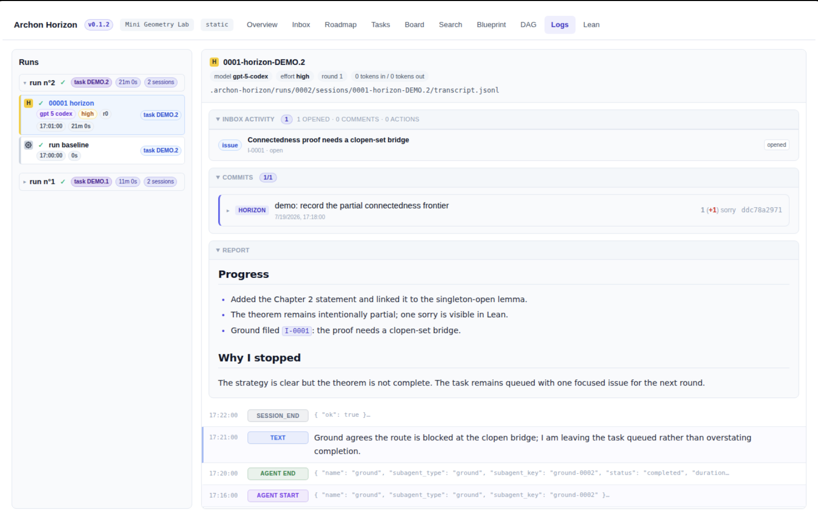A session log ties each run to its messages, commit, report, and lifecycle events.